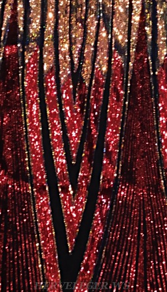 Herve Leger Red Gold Short Sleeve Sequin Gown