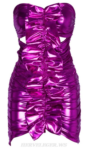 Herve Leger Magenta Strapless Ruched Frill Metallic Dress