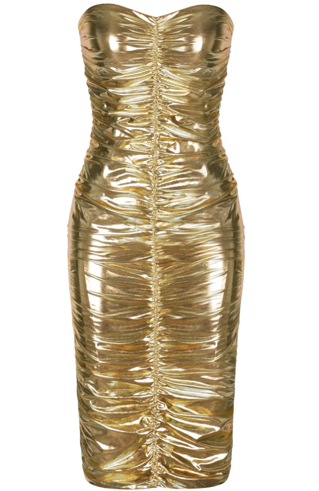 Herve Leger Gold Strapless Ruched Metallic Dress