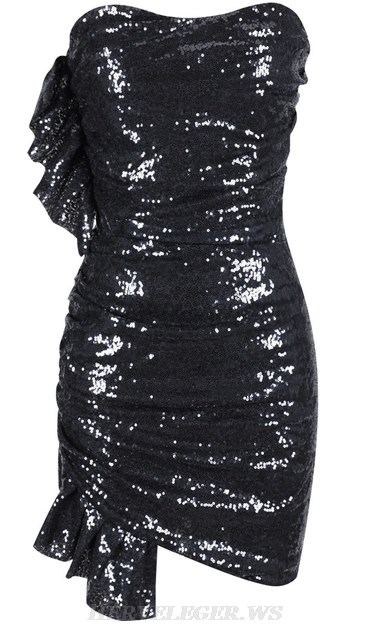Herve Leger Black Strapless Sequin Ruched Dress