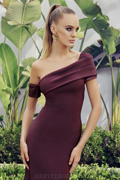 Herve Leger Plum Asymmetric Bardot Dress Herve Leger Plum Asymmetric Bardot Dress