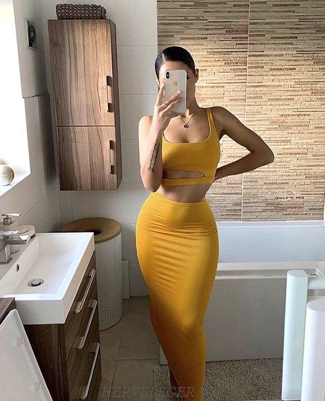 Herve Leger Mustard Asymmetric Two Piece Dress Herve Leger Mustard Asymmetric Two Piece Dress
