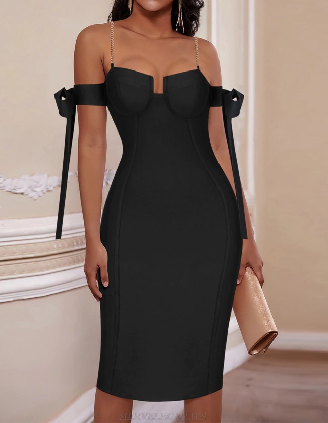 Herve Leger Black Bardot Chain Strap Dress