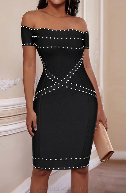 Herve Leger Black Bardot Pearl Dress