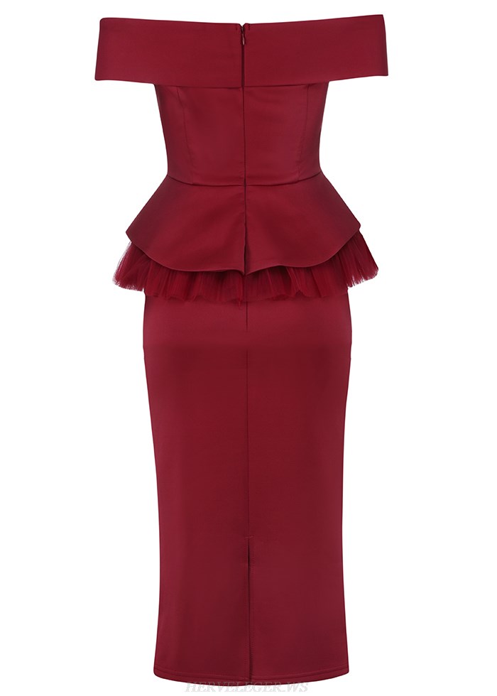 Herve Leger Burgundy Bardot Peplum Two Piece Dress
