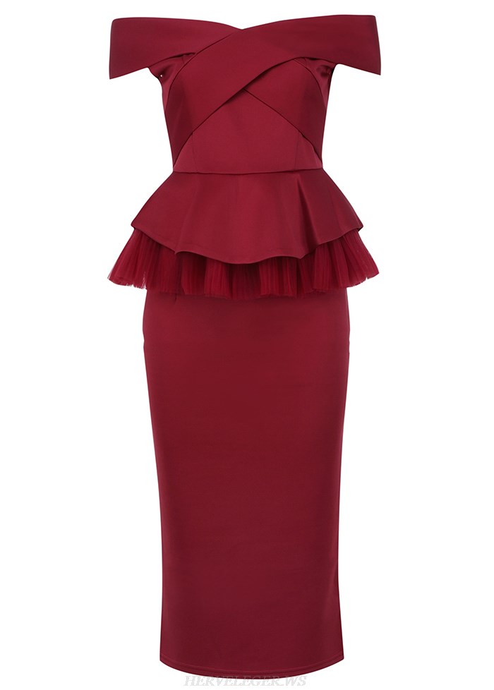 Herve Leger Burgundy Bardot Peplum Two Piece Dress