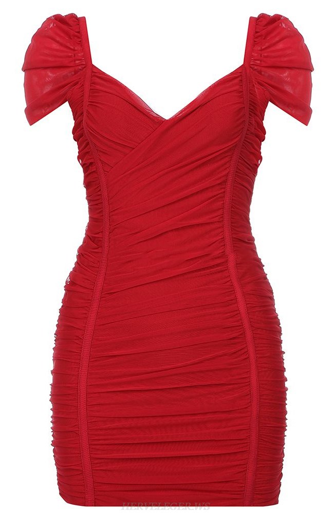 Herve Leger Red Cap Sleeve Ruched Dress