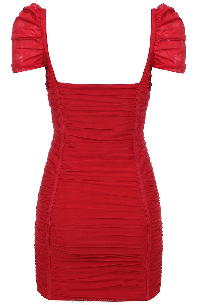 Herve Leger Red Cap Sleeve Ruched Dress