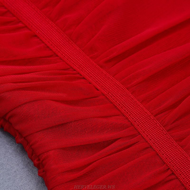 Herve Leger Red Cap Sleeve Ruched Dress