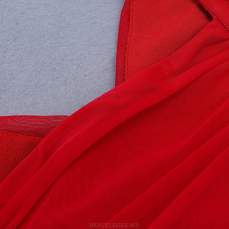 Herve Leger Red Cap Sleeve Ruched Dress