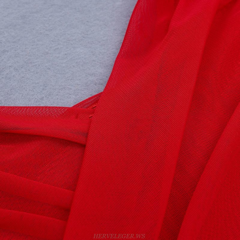 Herve Leger Red Cap Sleeve Ruched Dress
