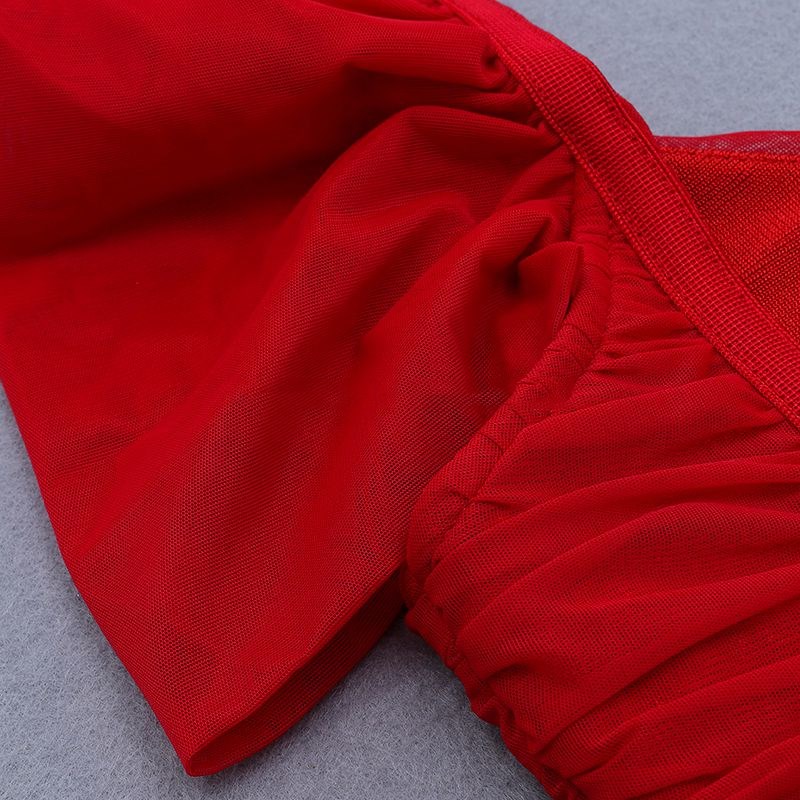 Herve Leger Red Cap Sleeve Ruched Dress