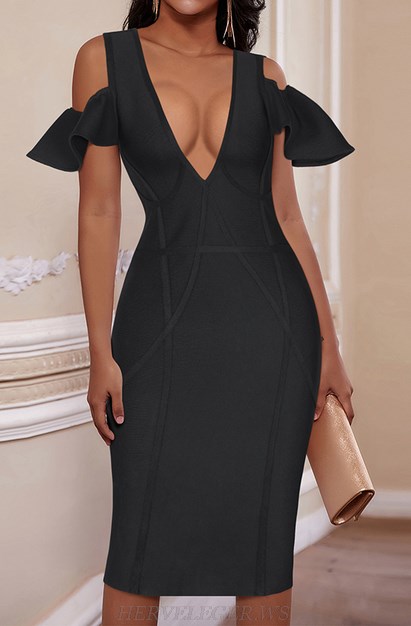 Herve Leger Black Cold Shoulder Frill Dress