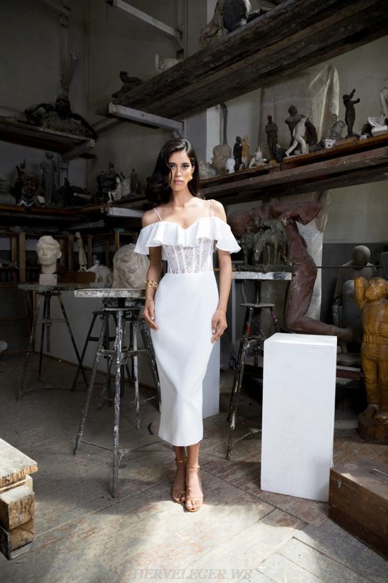Herve Leger White Frill Bardot Lace Dress