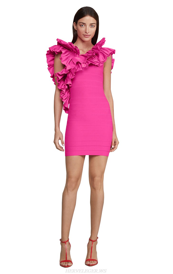 Herve Leger Hot Pink Frill Detail Dress