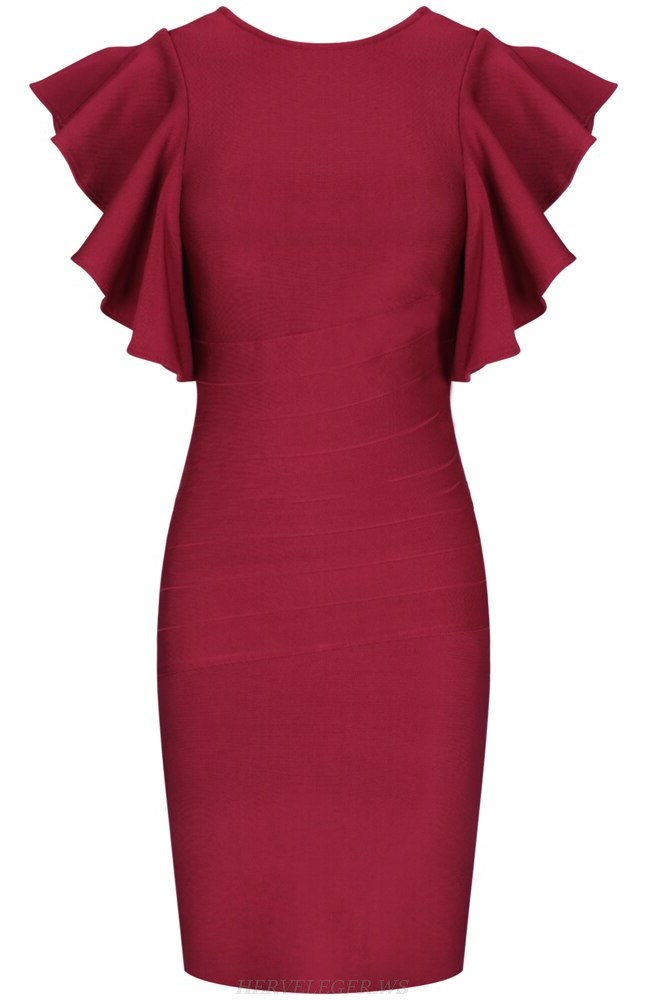Herve Leger Burgundy Frill Sleeve Dress