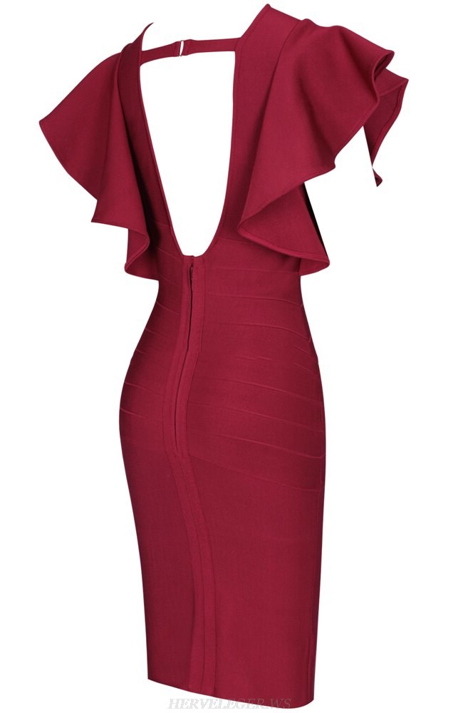 Herve Leger Burgundy Frill Sleeve Dress