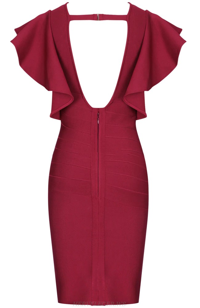 Herve Leger Burgundy Frill Sleeve Dress