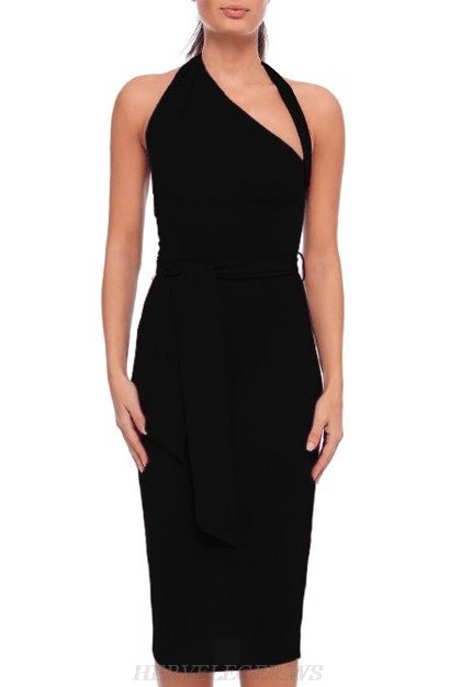 Herve Leger Black Halter Asymmetric Dress