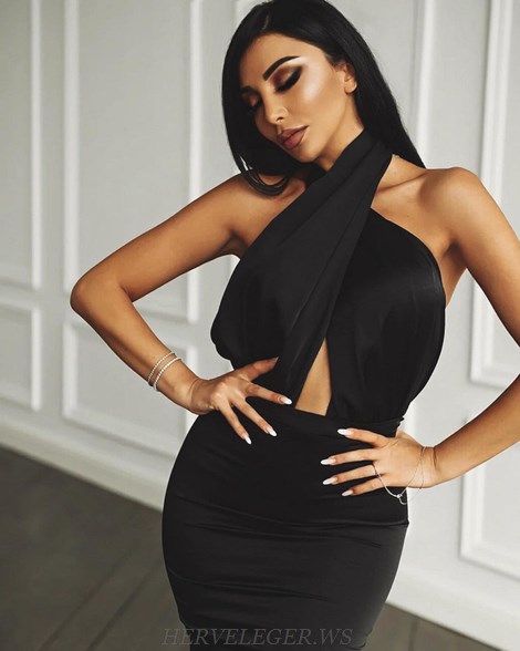 Herve Leger Black Halter Cross Over Dress