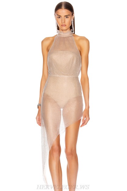Herve Leger Nude Halter Embellished Mesh Asymmetric Dress