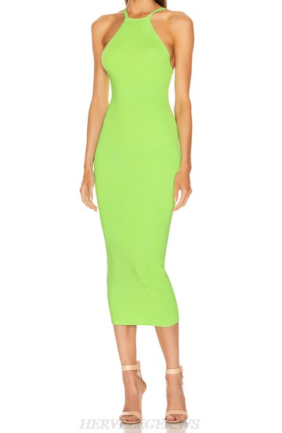Herve Leger Neon Green Halter Dress