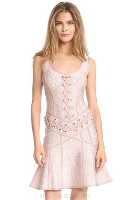 Herve Leger Nude Lace Up A Line Dress