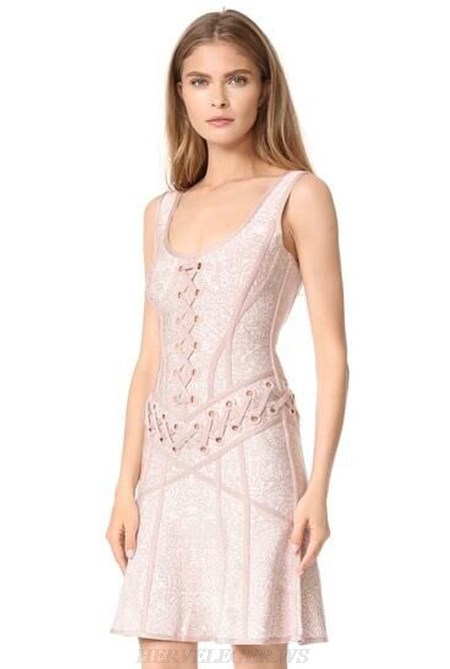 Herve Leger Nude Lace Up A Line Dress