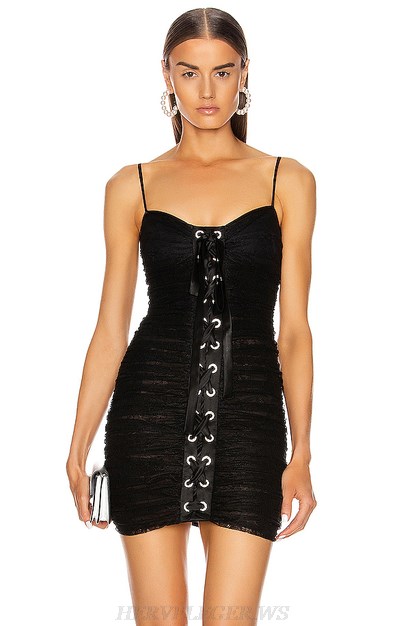 Herve Leger Black Lace Up Ruched Dress