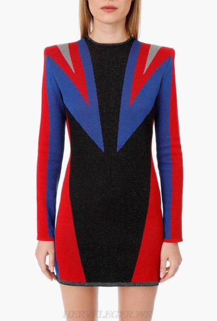 Herve Leger Black Blue Red Long Sleeve Dress