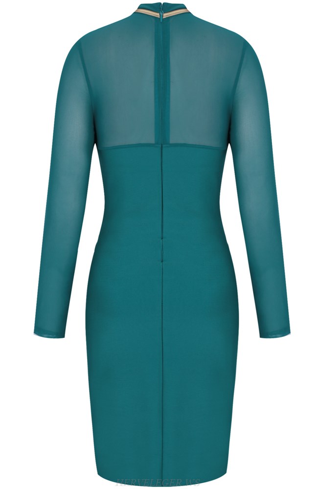Herve Leger Green Long Sleeve Gold Trim Dress