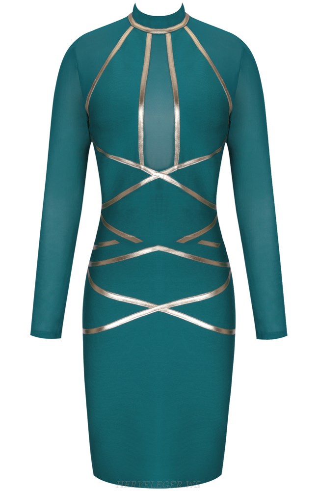 Herve Leger Green Long Sleeve Gold Trim Dress