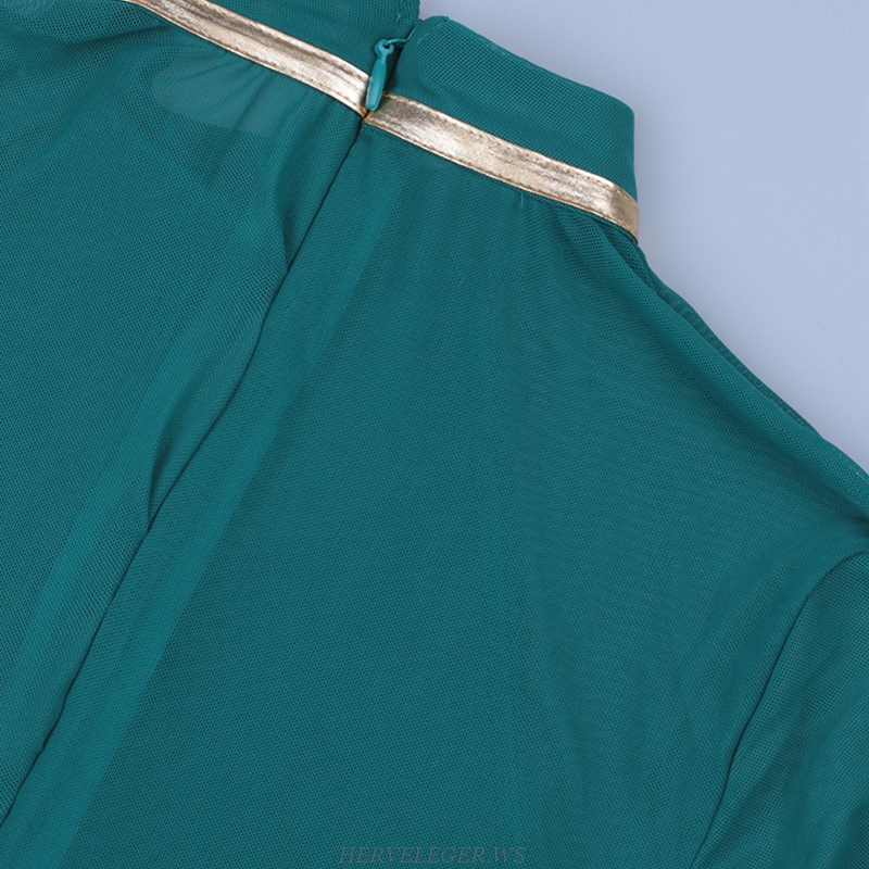 Herve Leger Green Long Sleeve Gold Trim Dress