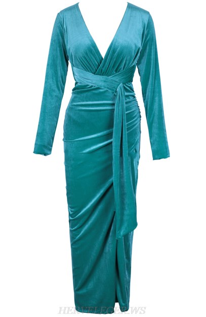 Herve Leger Green Long Sleeve Maxi Velvet Dress