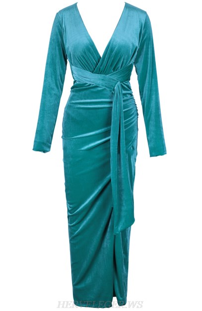 Herve Leger Green Long Sleeve Maxi Velvet Dress