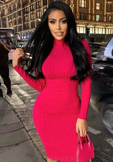 Herve Leger Red Long Sleeve Ribbed Dress Herve Leger Red Long Sleeve Ribbed Dress
