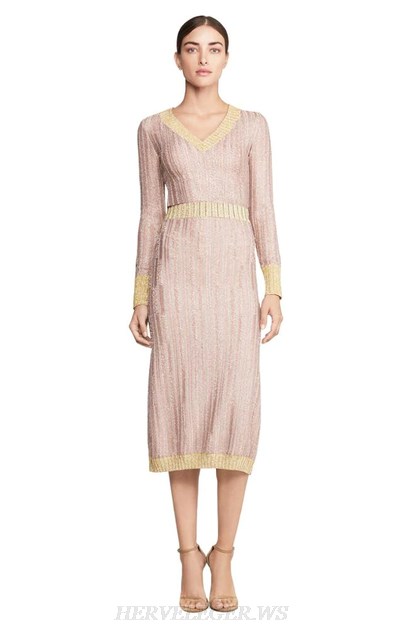 Herve Leger Nude Pink Long Sleeve Two Piece Dress