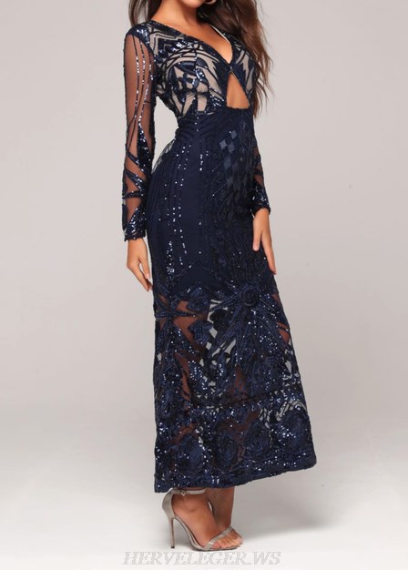 Herve Leger Blue Long Sleeve Sequin Gown