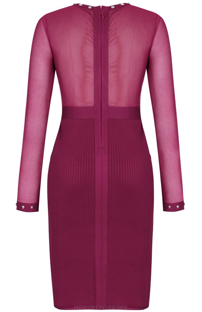 Herve Leger Magenta Long Sleeve Studded Mesh Dress