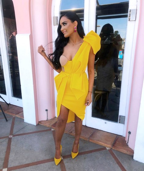 Herve Leger Yellow One Shoulder Bustier Dress