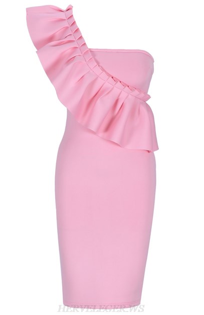 Herve Leger Pink One Shoulder Frill Dress