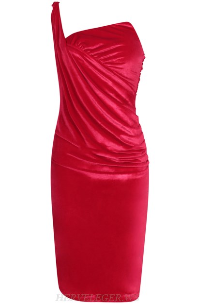 Herve Leger Red One Shoulder Ruched Velvet Dress