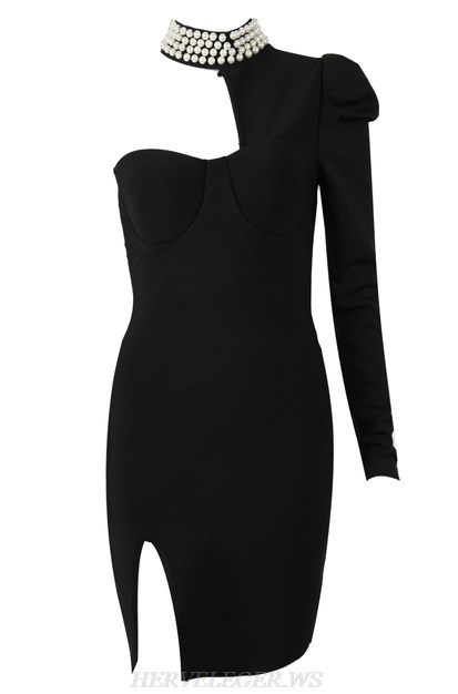Herve Leger Black One Sleeve Pearl Detail Dress
