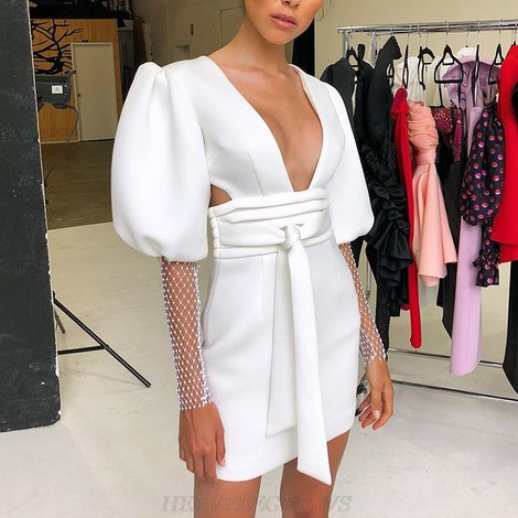 Herve Leger White Puff Embellished Sleeve Dress