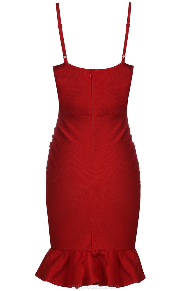 Herve Leger Red Ruched Fluted Dress