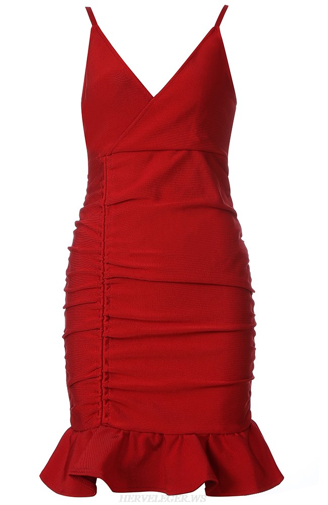 Herve Leger Red Ruched Fluted Dress