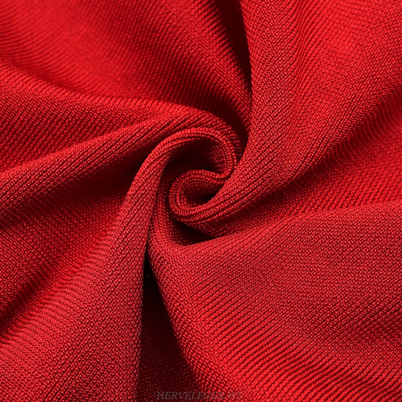 Herve Leger Red Ruched Fluted Dress