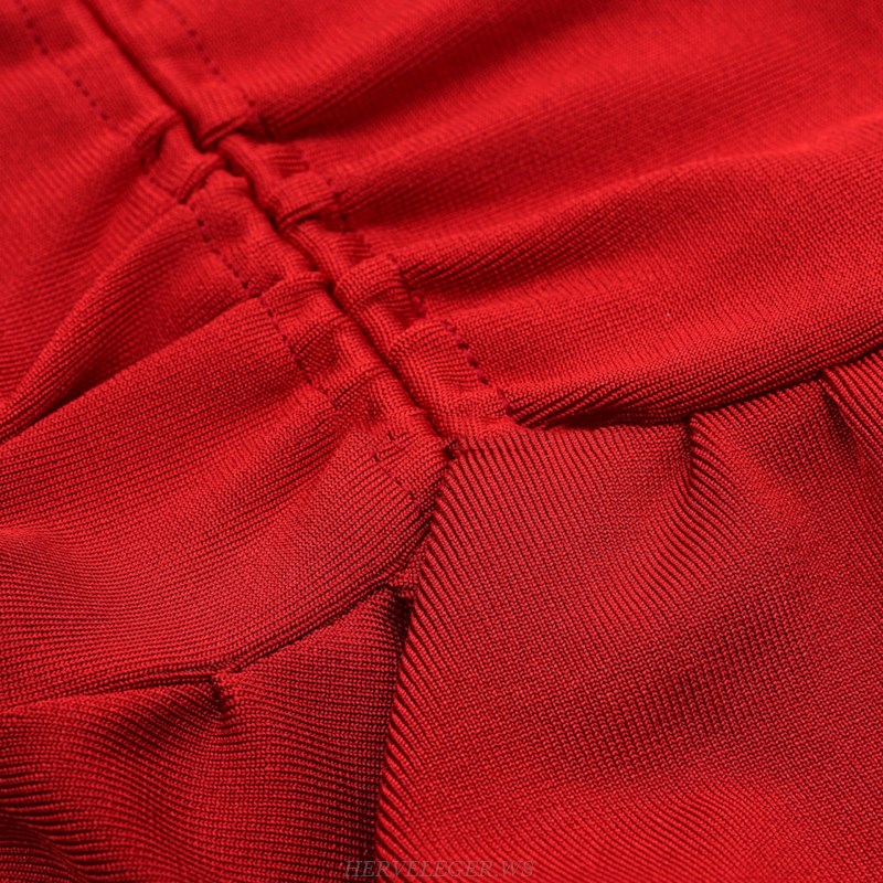 Herve Leger Red Ruched Fluted Dress