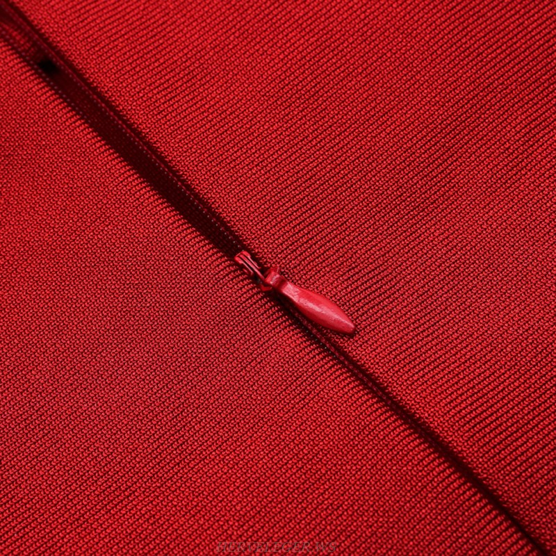 Herve Leger Red Ruched Fluted Dress