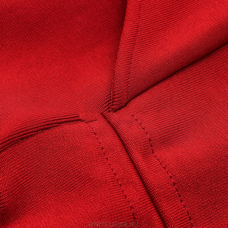 Herve Leger Red Ruched Fluted Dress
